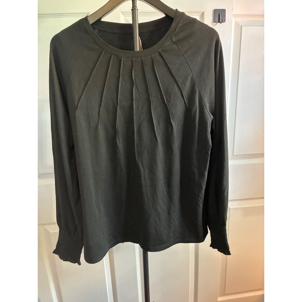 ANRABESS Black Pleated Round Neck Long Sleeve Top Smocked Cuffs Large NWT